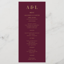 Wedding Monogram Minimalistisch Burgundy Gold Menükarte