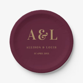 Wedding Monogram Minimalistisch Burgundy Gold Pappteller