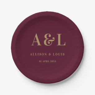 Wedding Monogram Minimalistisch Burgundy Gold Pappteller