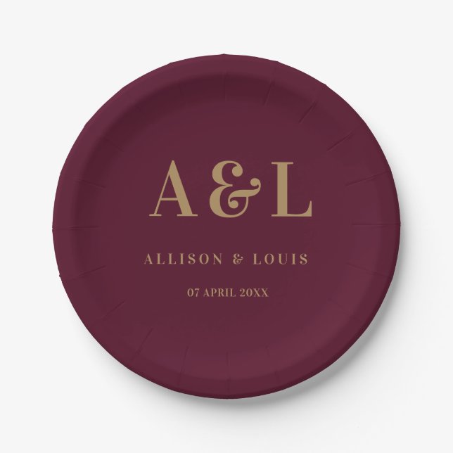 Wedding Monogram Minimalistisch Burgundy Gold Pappteller (Vorderseite)