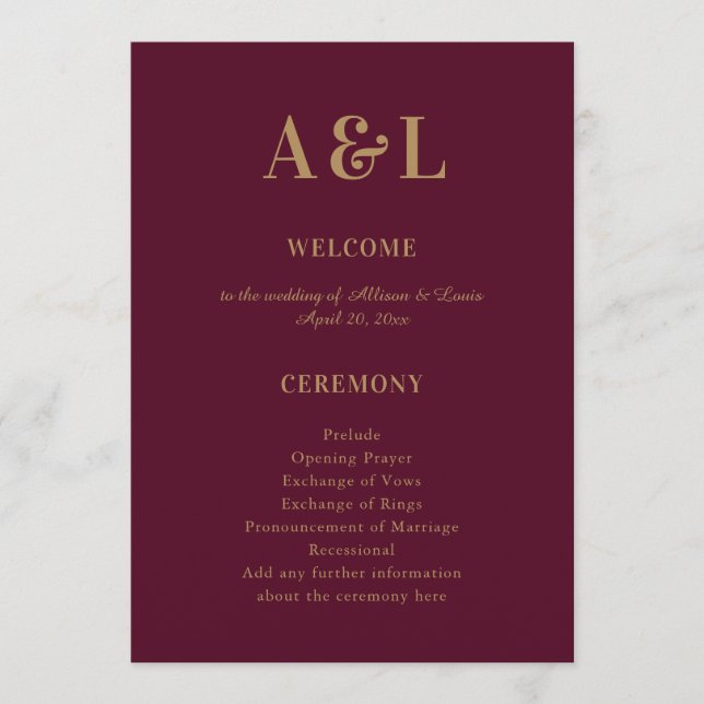 Wedding Monogram Minimalistisch Burgundy Gold Programm (Vorderseite)