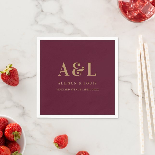 Wedding Monogram Minimalistisch Burgundy Gold Serviette (Beispiel)