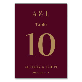 Wedding Monogram Minimalistisch Burgundy Gold Tischnummer
