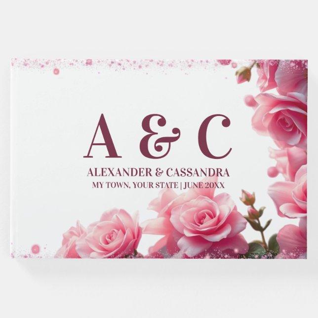 Wedding Monogram Minimalistisch Burgundy Pink Flor Gästebuch (Vorderseite)