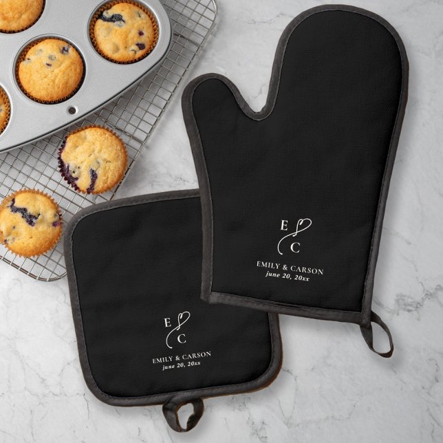 Wedding Monogram Minimalistisch Elegante Black Coo Ofenhandschuh & Topflappen-Set (Wedding Monogram Minimalist Elegant Black Cooking Oven Mitt & Pot Holder Set)