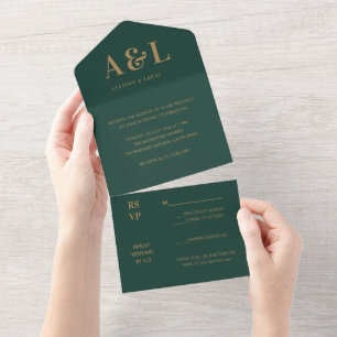 Wedding Monogram Minimalistisch Emerald Green Gold All In One Einladung