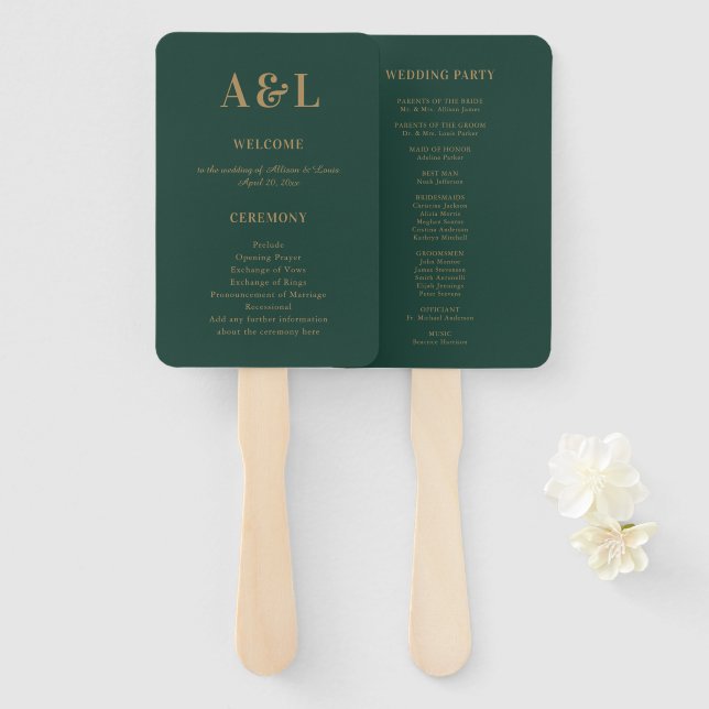 Wedding Monogram Minimalistisch Emerald Green Gold Fächer (Vorne und Hinten)
