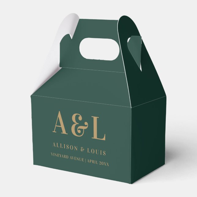 Wedding Monogram Minimalistisch Emerald Green Gold Geschenkschachtel (Vorderseite)