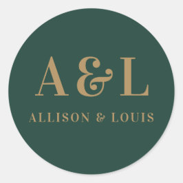 Wedding Monogram Minimalistisch Emerald Green Gold Runder Aufkleber