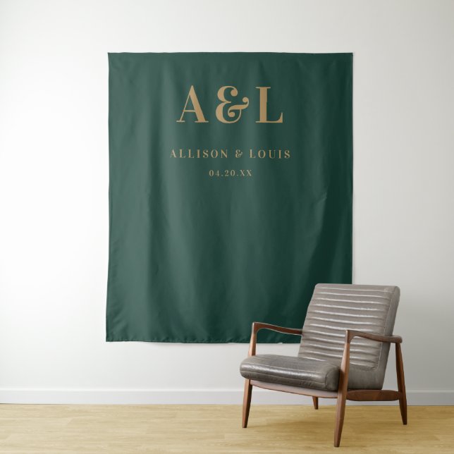 Wedding Monogram Minimalistisch Emerald Green Gold Wandteppich (Beispiel)