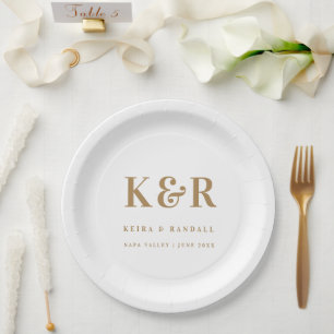 Wedding Monogram Minimalistisch Simple Gold and Wh Pappteller
