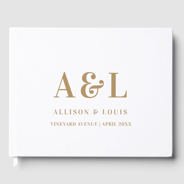 Wedding Monogram Minimalistisch White Gold Gästebuch (Vorderseite)