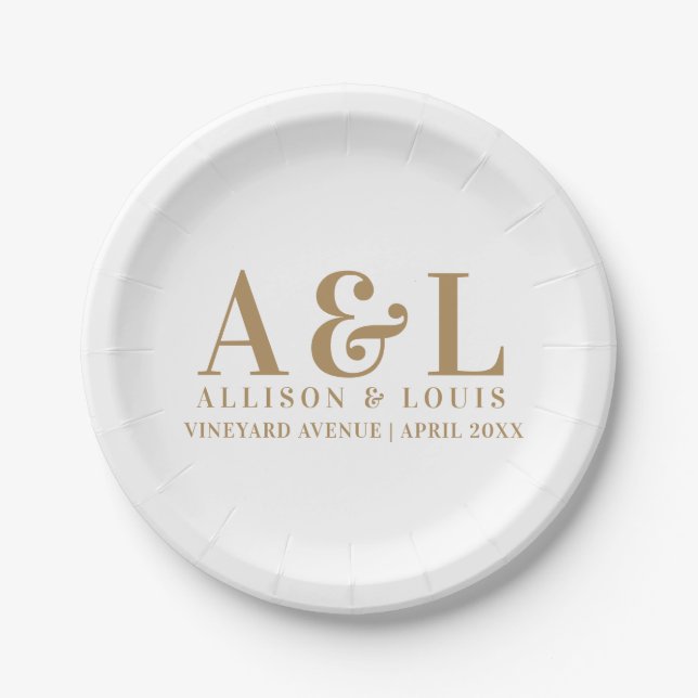 Wedding Monogram Minimalistisch White Gold Pappteller (Vorderseite)