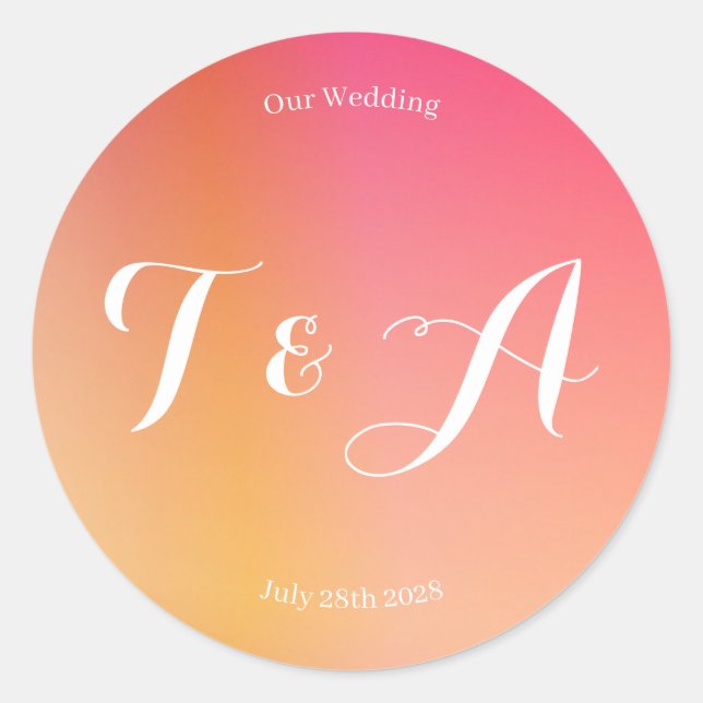 Wedding Monogram Modern Sunset Ombre Runder Aufkleber (Vorderseite)