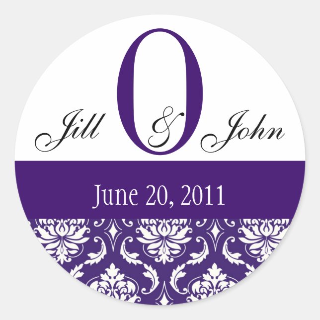 Wedding Monogram O Names Date Paisley Lila Siegel Runder Aufkleber (Vorderseite)
