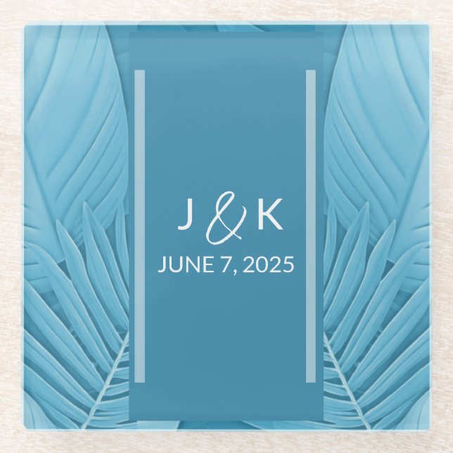 Wedding Monogram | Tropisch Aquamarin Glasuntersetzer (Vorderseite)