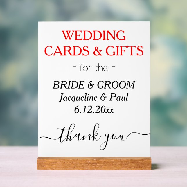 Wedding NAMES Cards gibt White Black Red Acrylschild (Neutral)