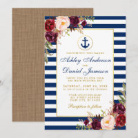 Wedding Nautical Blue Stripes Burgundy Einladung B