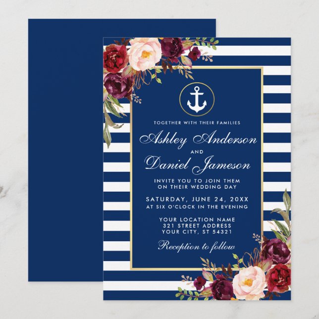 Wedding Nautical Blue Stripes Burgundy Einladung B (Vorne/Hinten)