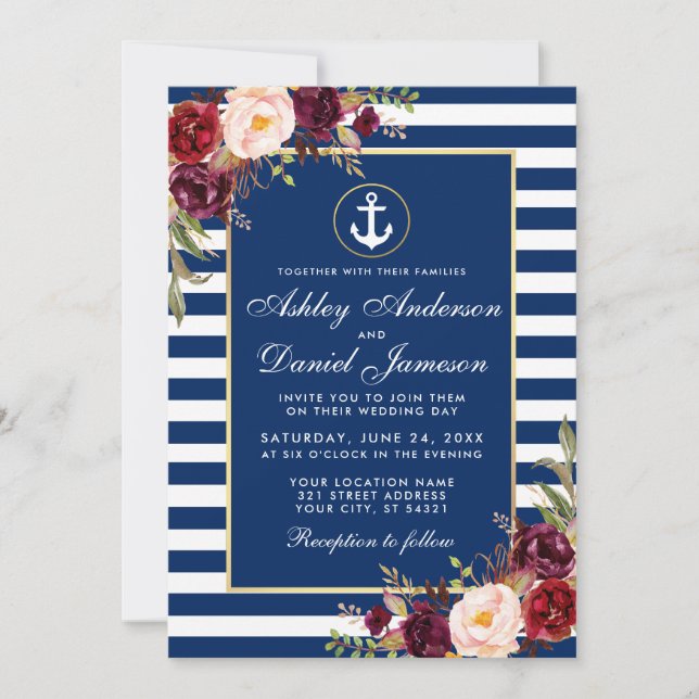 Wedding Nautical Blue Stripes Burgundy Invite W Einladung (Vorderseite)