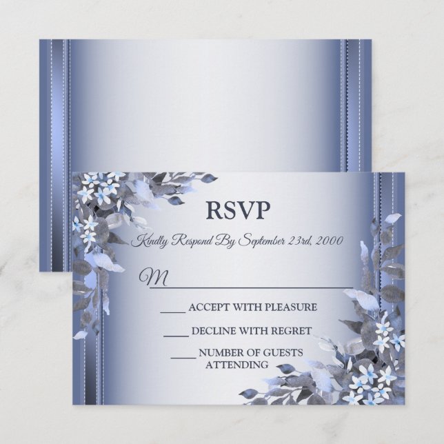 Wedding Navy Blue Floral Silver Gray Party RSVP Karte (Vorne/Hinten)