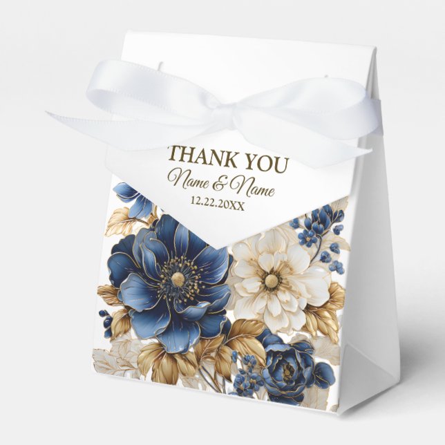 Wedding Navy Blue White Golden Floral Silver Geschenkschachtel (Vorderseite)