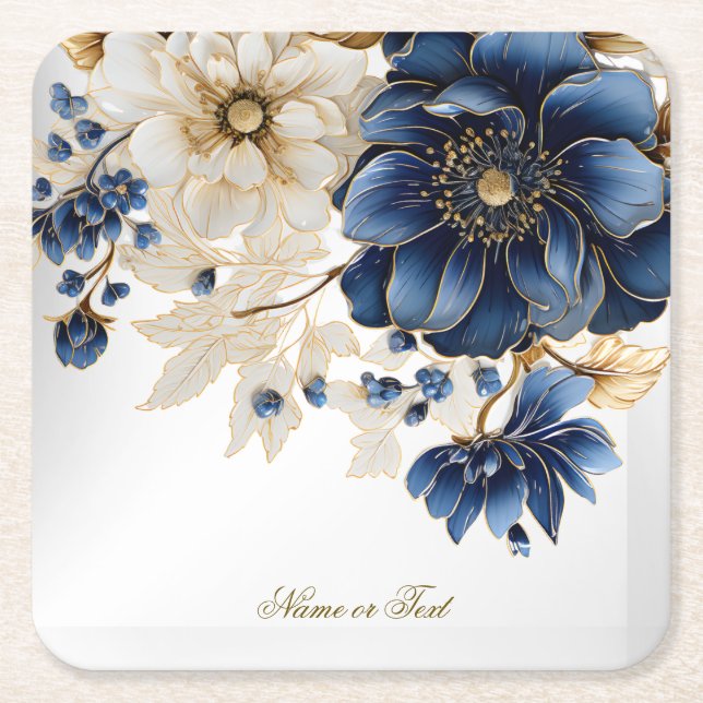 Wedding Navy Blue White Golden Floral Silver Rechteckiger Pappuntersetzer (Vorderseite)