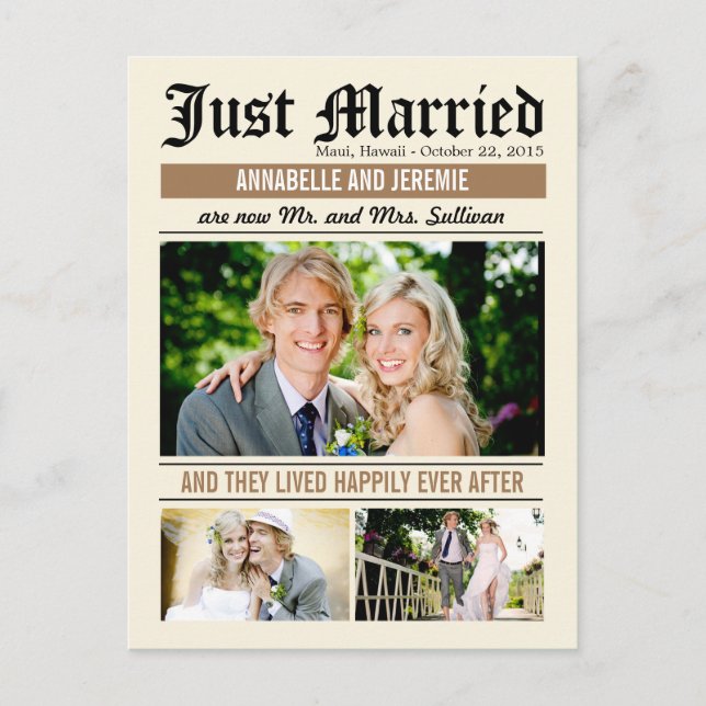 Wedding News Wedding Announcement - Tan Ankündigungspostkarte (Vorderseite)