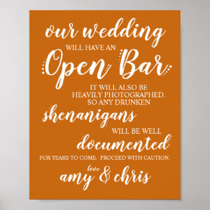 Wedding Open Bar Funny Drunken Shenanigans Sign W Poster