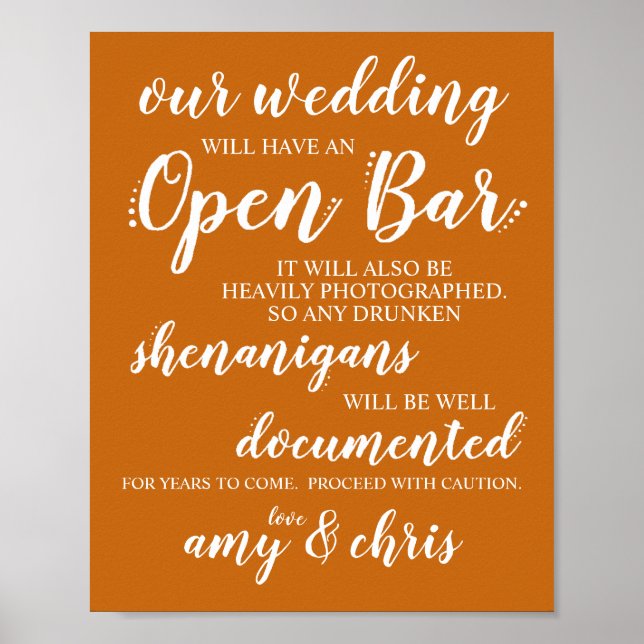 Wedding Open Bar Funny Drunken Shenanigans Sign W Poster (Vorne)