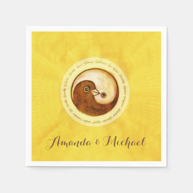 WEDDING PAPIER NAPKIN. Gold YinYang taubt. Serviette (Vorderseite)