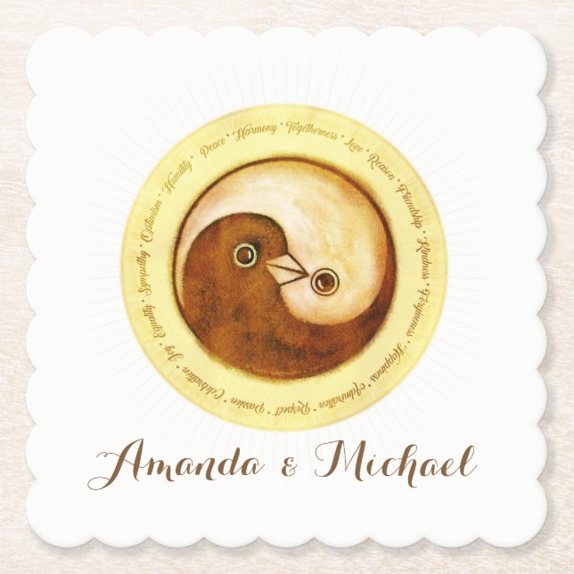 WEDDING PARTY UNTERSETZER. Gold YinYang Tauben Untersetzer (Vorderseite)
