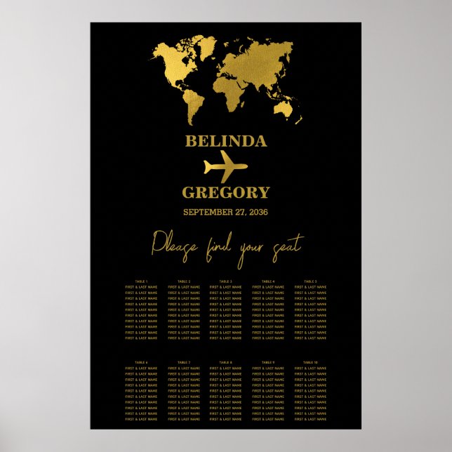 Wedding Passport Black Gold Seating Chart Poster (Vorne)