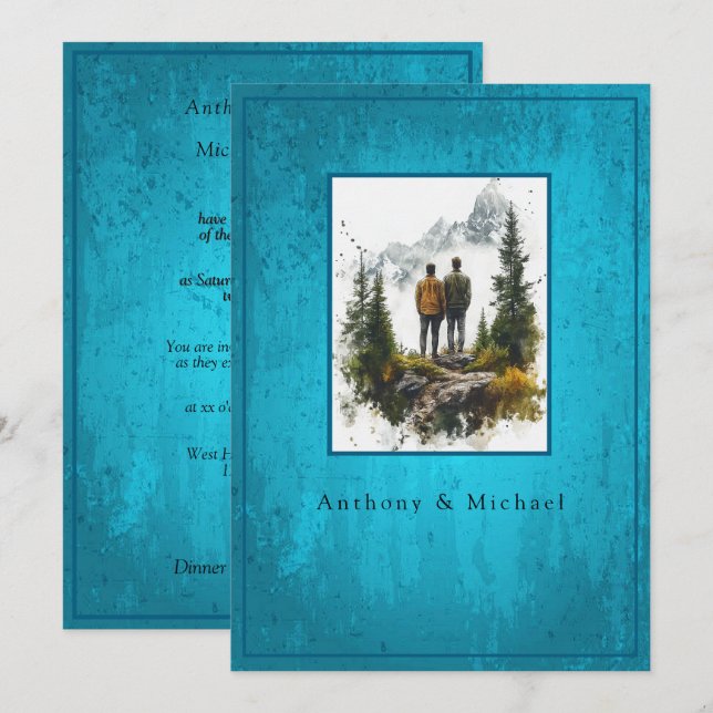 Wedding Photo Elegant Blue Grunge Background  Einladung (Vorne/Hinten)