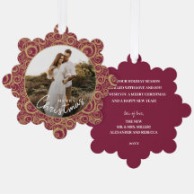 Wedding Photo on Gold Swirl Cranberry Christmas