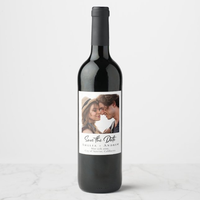 Wedding Photo Save the Date Minimalist Weinetikett (Vorderseite)