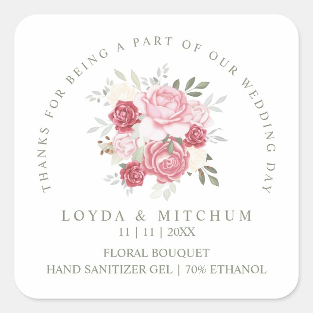 Wedding Pink Floral Bouquet Wedding Sanitizer Gel Quadratischer Aufkleber (Vorderseite)
