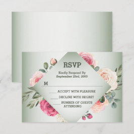 Wedding Pink Floral Rustic Geometric Green RSVP Karte