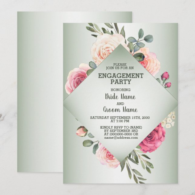 Wedding Pink Floral Rustic Green Engagement Party Einladung (Vorne/Hinten)