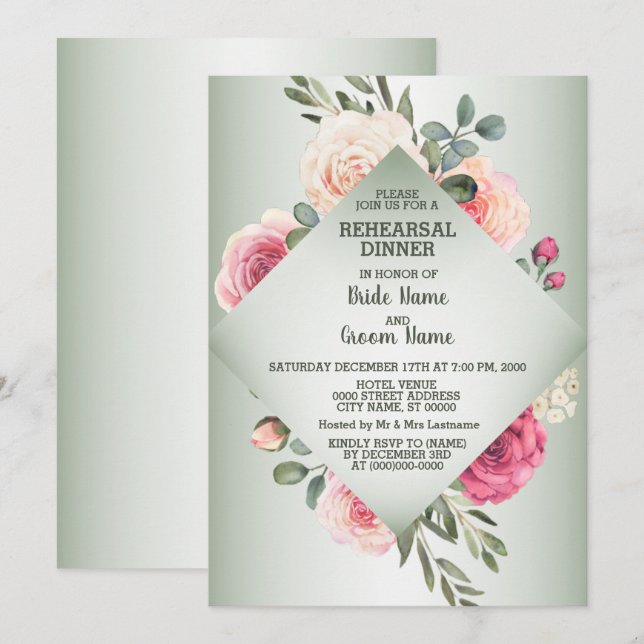 Wedding Pink Floral Rustic Green Rehearsal Dinner Einladung (Vorne/Hinten)