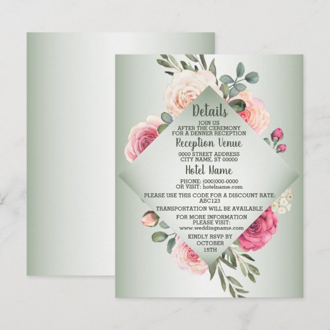 Wedding Pink Peach Floral Rustic Green Detail Begleitkarte (Vorne/Hinten)