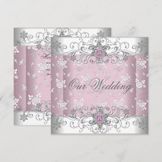 Wedding Pink Silver White Diamond Jewel Lace Einladung (Vorne/Hinten)