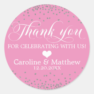 Wedding Pink Sprinkle Sparkle Silver DANKE Runder Aufkleber