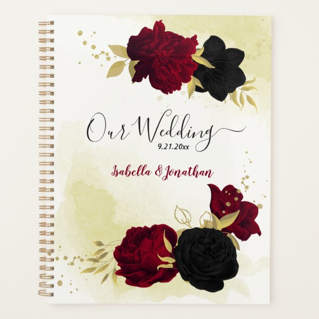 Wedding planner d'or noir et rouge fleurs (Devant)