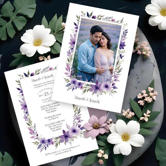 Wedding Purple Shades Flowers Branches Photo Einladung (Wedding Purple Shades Flowers Branches Photo Invitations Cards.)