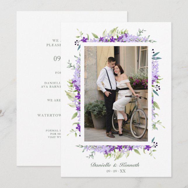 Wedding Purple Shades Flowers & Branches Photo Save The Date (Vorne/Hinten)