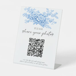 Wedding QR Code Sign Blue Floral Share Photos Sockelschild