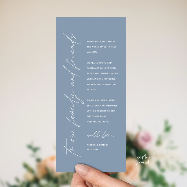 Wedding Reception Dinner Modern Thank You Card Programm (Welcome and thanks, Modern Wedding Reception Dinner Thank You card, family friends in dusty blue)