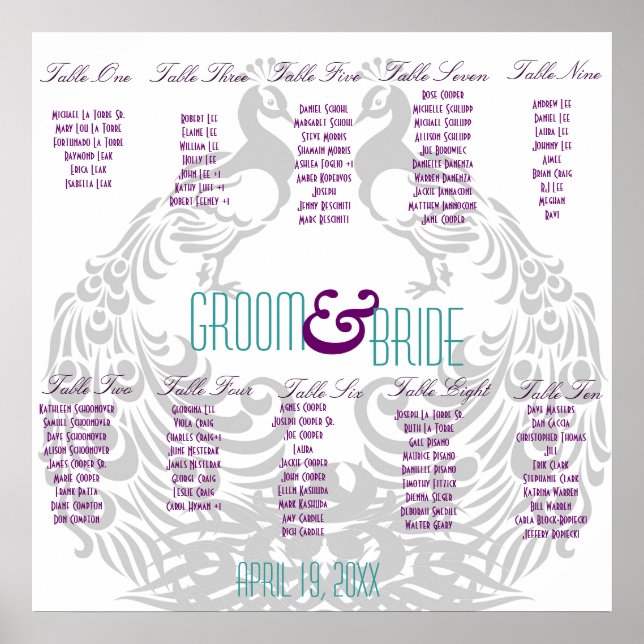 Wedding Reception Seating Chart - Peacock Themed Poster (Vorne)