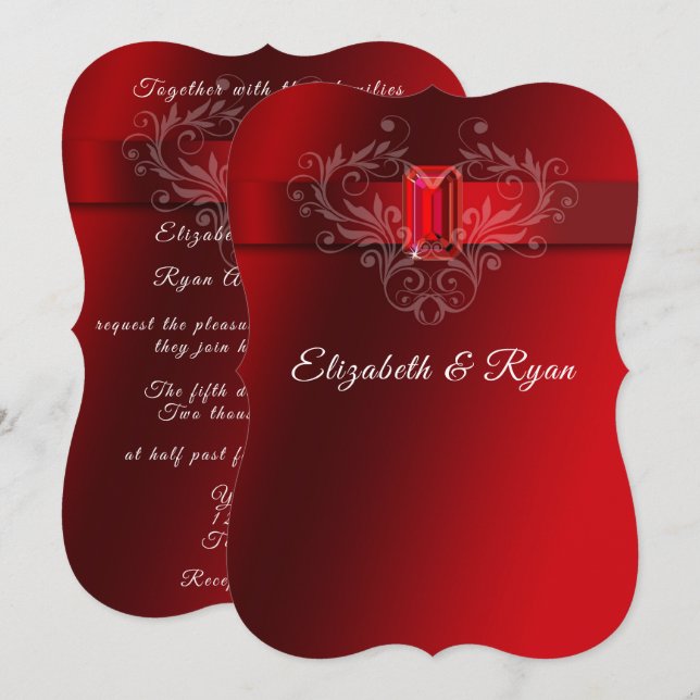 Wedding Red Satin Ribbon Sparkling Ruby Einladung (Vorne/Hinten)